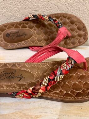 Secret Celebrity Coral Braided Thong Sandals with Embellished Accents